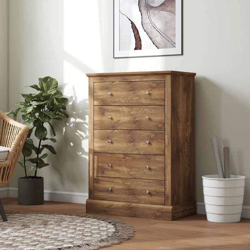 HOMCOM 31" Wide Farmhouse Chest of Drawers with 5 Drawers, Dresser for Bedroom with Wood Top for Living Room, Brown