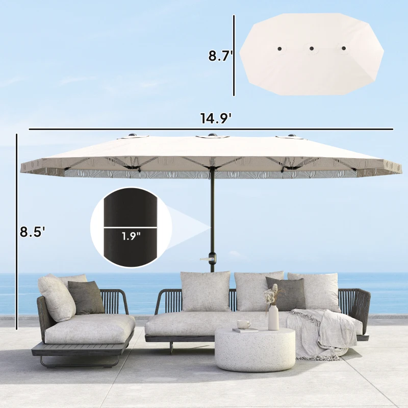 Outsunny 15ft Rectangle Patio Umbrella UPF30+ Extra Large Outdoor Umbrella with Fringe and Crank Handle, Cream White