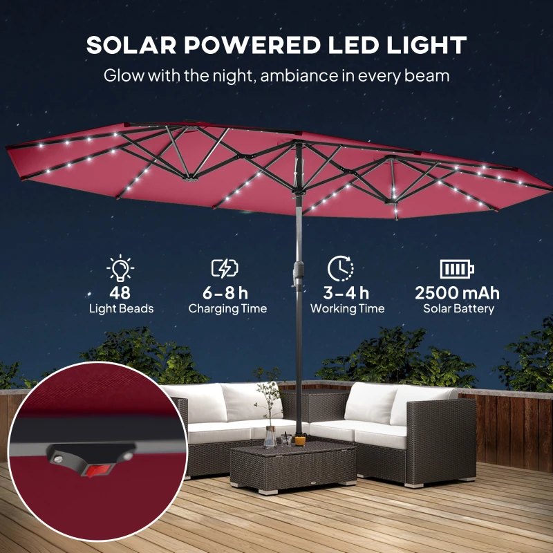 Outsunny Garden Parasol, Double-Sided Sun Umbrella with LED Solar Lights, Patio Parasol for Outdoor, Wine Red