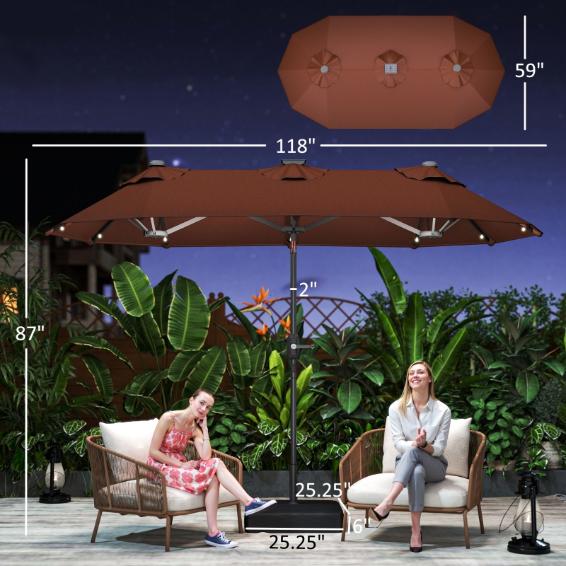 Outsunny Double-sided Outdoor Patio Umbrella with Solar Lights and Base, Dining Table Umbrella Push Button Tilt, Coffee