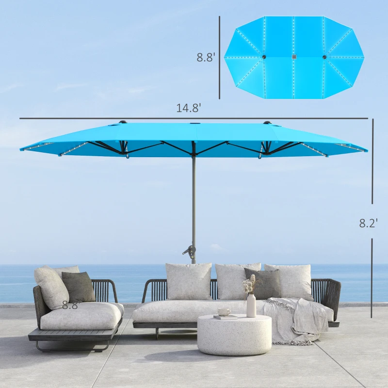 Outsunny 15ft Double-Sided Outdoor Umbrella with Solar Lights, UPF50+ Extra Large Aluminum Patio Umbrella with Crank, Blue