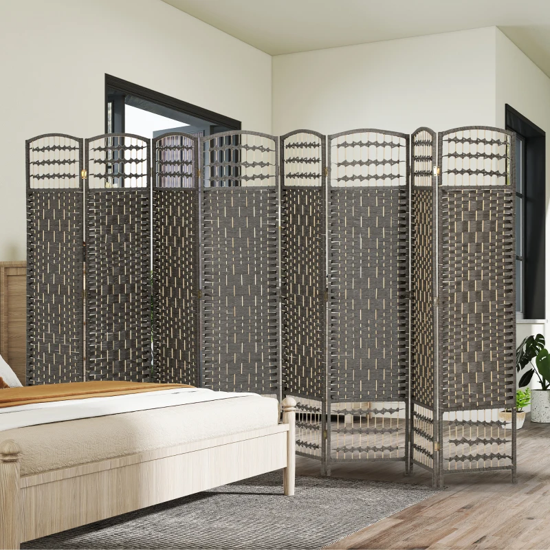 HOMCOM 8 Panel Folding Room Divider Portable Privacy Screen Wave Fiber Room Partition for Home Office Dark Gray