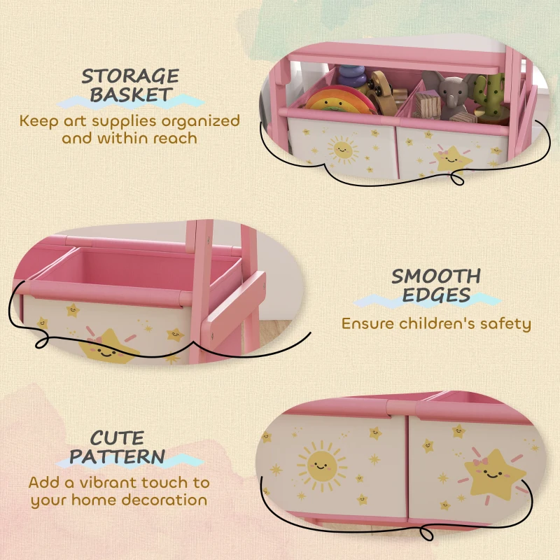 Qaba Art Easel for Kids, Double-Sided Whiteboard & Chalkboard with Paper Roll, Storage Baskets for Toddlers Ages 3-8, Pink