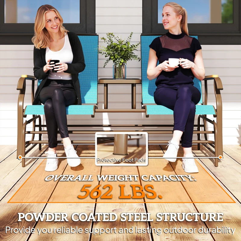 Outsunny Outdoor 2-Person Glider Bench, Outside Glider Swing Chair Loveseat with Table, Steel Frame, Blue