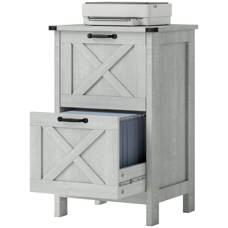 HOMCOM Vertical File Cabinet with 2 Drawers, Rustic Farmhouse Office Storage Cabinet for A4, Letter Size, Distressed Light Gray
