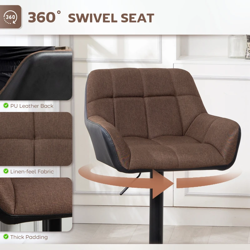 HOMCOM Swivel Barstools Set of 2 Adjustable Bar Stools with Footrest Armrests and PU Leather Back for Dining Room Brown