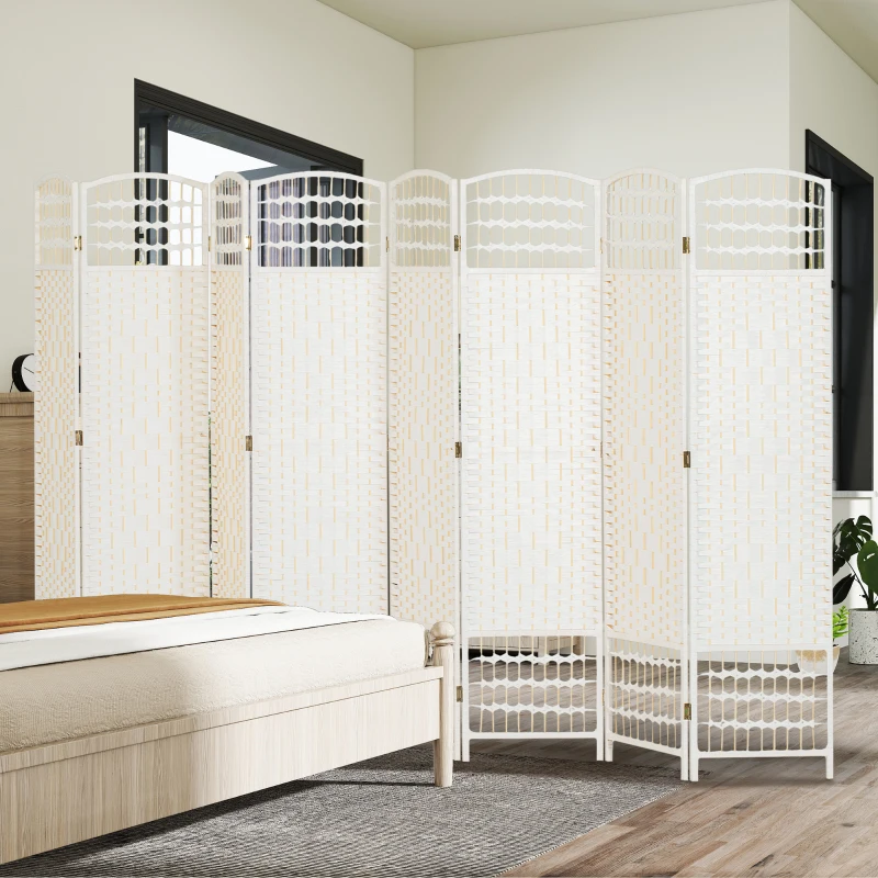 HOMCOM 8 Panel Folding Room Divider Portable Privacy Screen Wave Fiber Room Partition for Home Office White