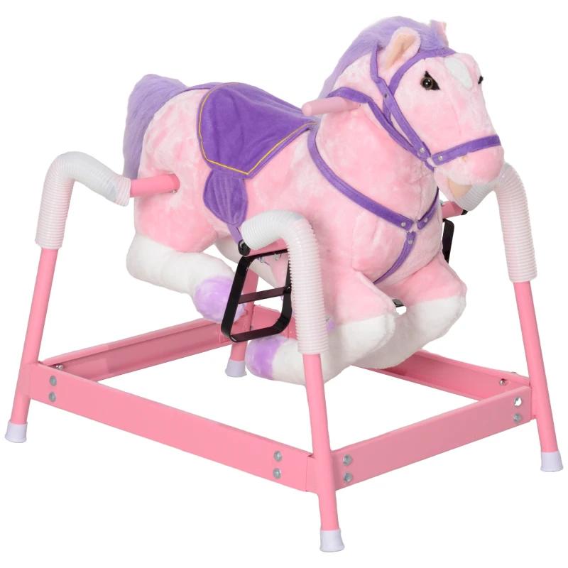 Qaba Spring Rocking Horse, Kids Ride on Horse, Plush Horse Ride-on w/ Sounds & Foot Stirrups for Kids 3-8 Years, Pink