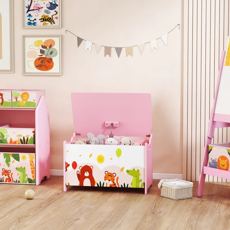 Qaba Kids Storage Chest with Lid, Toy Box Organizer with Safety Hinges for Playroom, Bedroom, Living Room, Pink