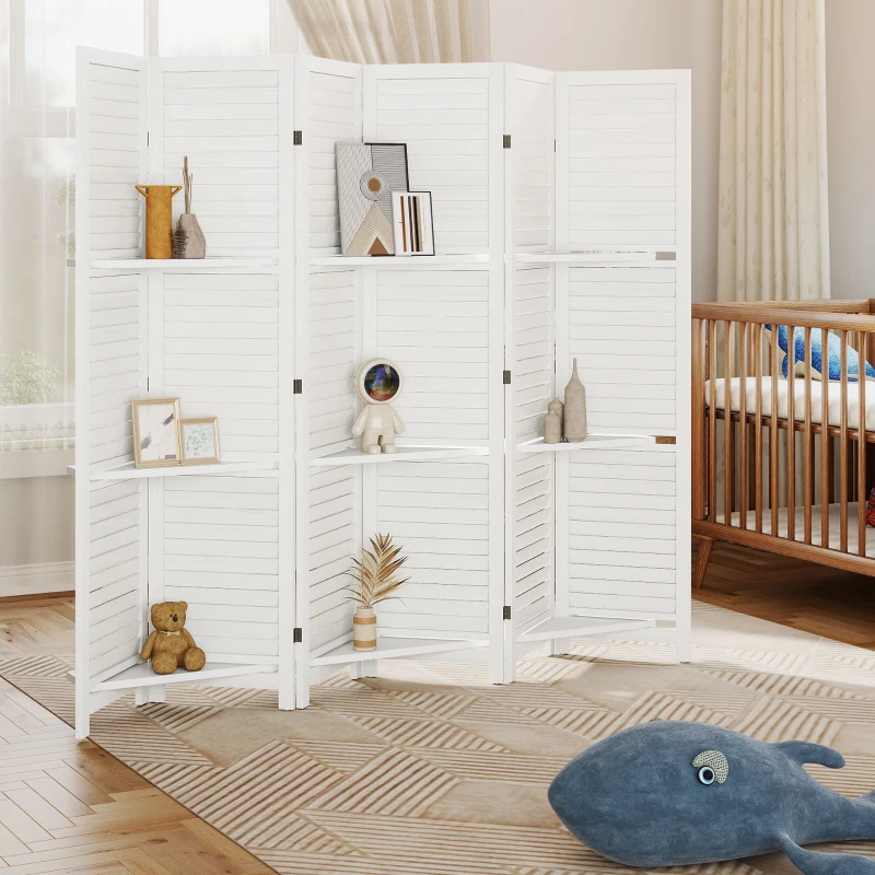 HOMCOM 6 Panel 67" Tall Wood Privacy Screen Room Divider with 3 Shelves and Folding Storage for Bedroom, White