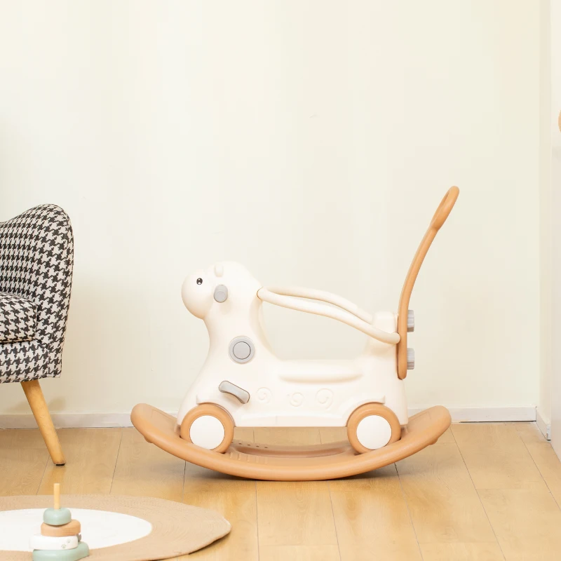 Qaba Rocking Horse for Toddlers 2-5 Years, 4-in-1 Baby Rocking Horse with Detachable Balance Board and Push Handle, Brown