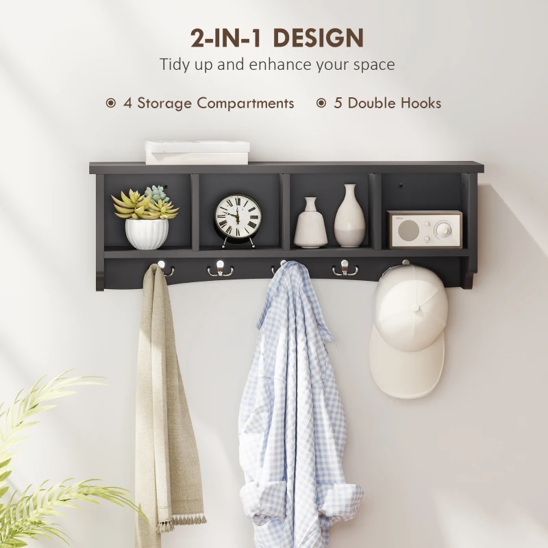 HOMCOM Coat Rack Wall Mount with Shelf, 28" Wall Coat Rack with 5 Hooks and 4 Compartments for Living Room, Entryway, Black