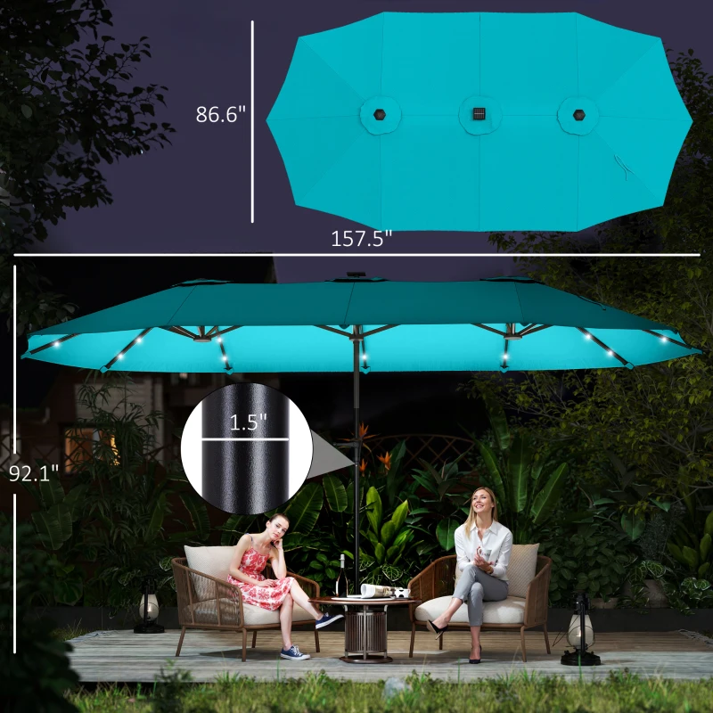 Outsunny 13ft Double-Sided Market Umbrella, Large Patio Umbrella with Solar Lights, Crank Handle for Garden, Pool, Yard, Blue