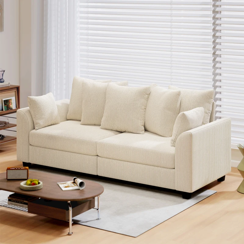 HOMCOM Corduroy Couch, 3 Seater Sofa, Modern Upholstered Couch with Curved Armrests and 8 Removable Pillows, Beige