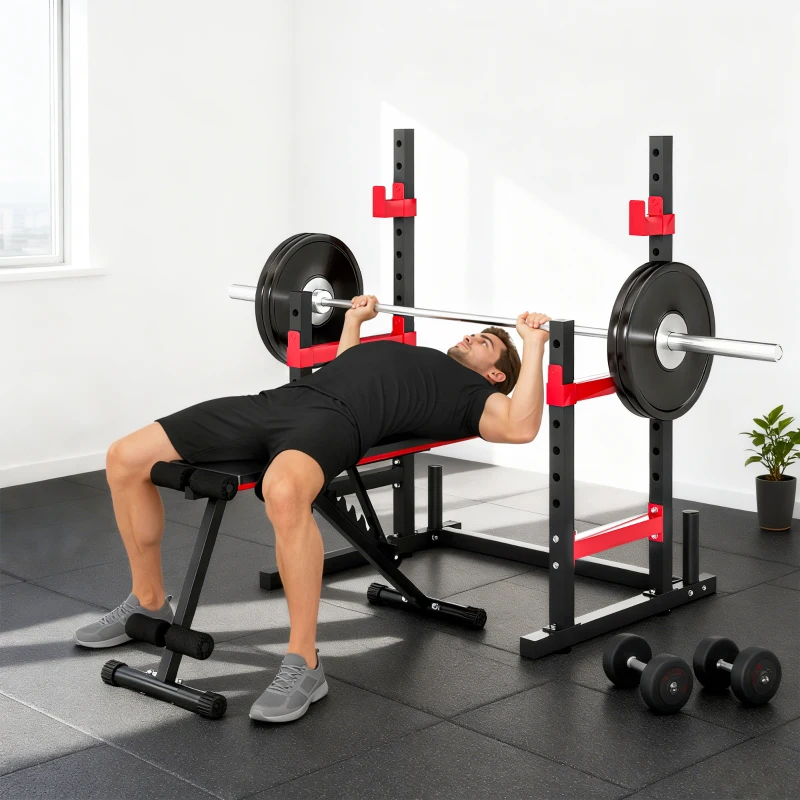 Soozier Adjustable Squat Rack, 660lbs Multi-Functional Bench Press Rack for Weight Lifting Home Gym Strength Training, Red