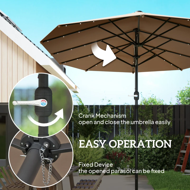 Outsunny Garden Parasol 14.4 ft. Double-Sided Sun Umbrella with Base, Patio Parasol with LED Solar Lights, Khaki