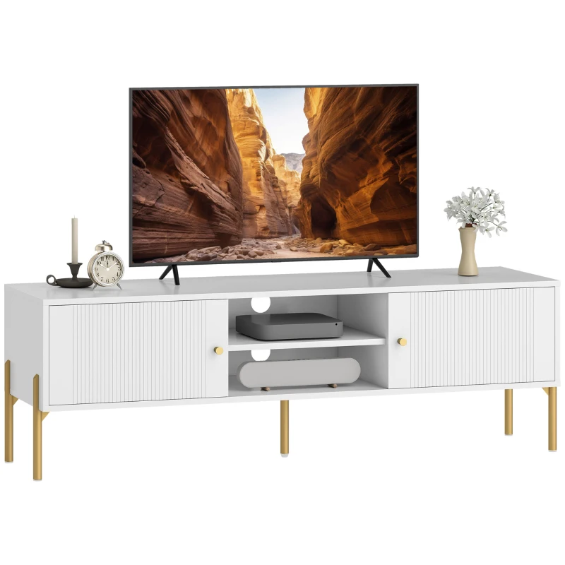 HOMCOM TV Stand for TVs up to 65", Entertainment Center with 2 Open Shelves, 2 Cabinets and Steel Legs for Living Room, White
