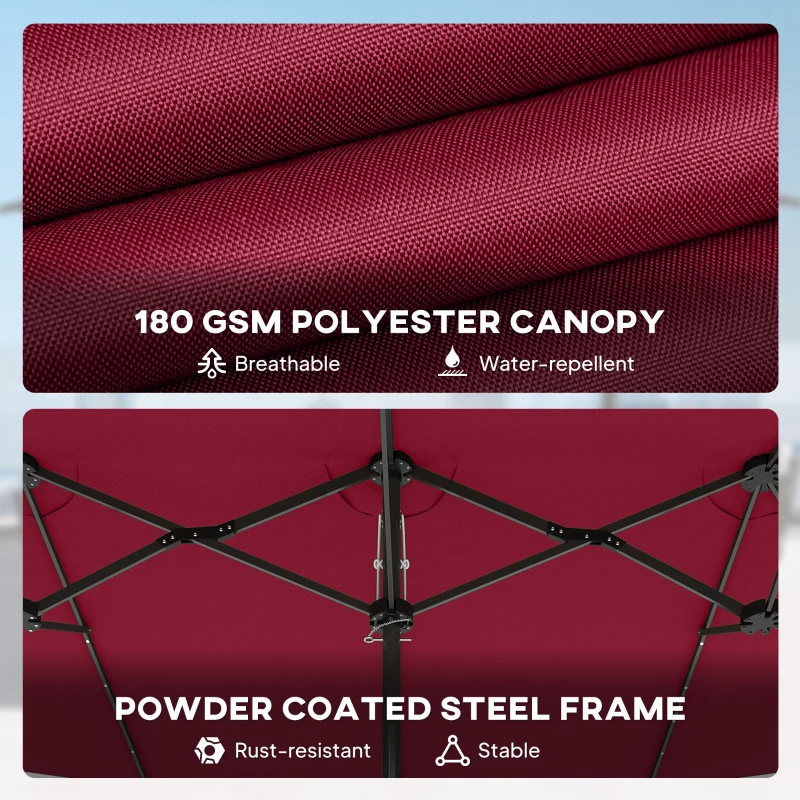 Outsunny Garden Parasol, Double-Sided Sun Umbrella with LED Solar Lights, Patio Parasol for Outdoor, Wine Red