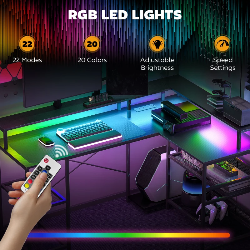 HOMCOM 59" L Shaped Desk with Storage, Corner Desk with LED Lights and Power Outlets for Home Office, Small Space, Black