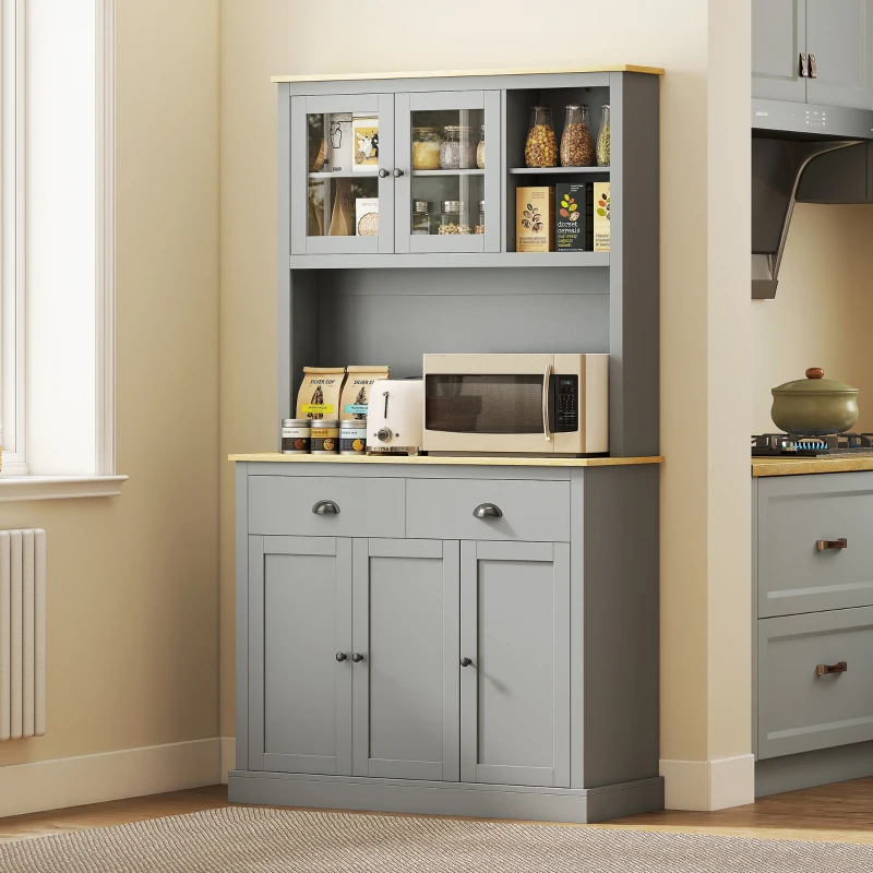 HOMCOM Freestanding Kitchen Cabinet, 71" Tall Pantry Cabinet, Modern Hutch with Wide Countertop, Adjustable Shelves, Gray