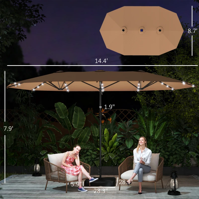 Outsunny Garden Parasol 14.4 ft. Double-Sided Sun Umbrella with Base, Patio Parasol with LED Solar Lights, Khaki