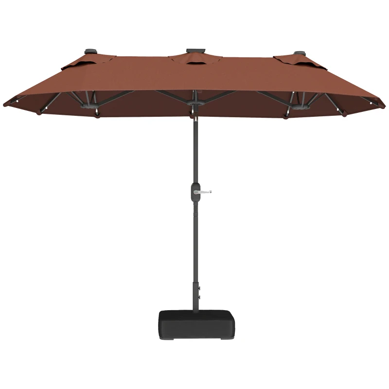 Outsunny Double-sided Outdoor Patio Umbrella with Solar Lights and Base, Dining Table Umbrella Push Button Tilt, Coffee