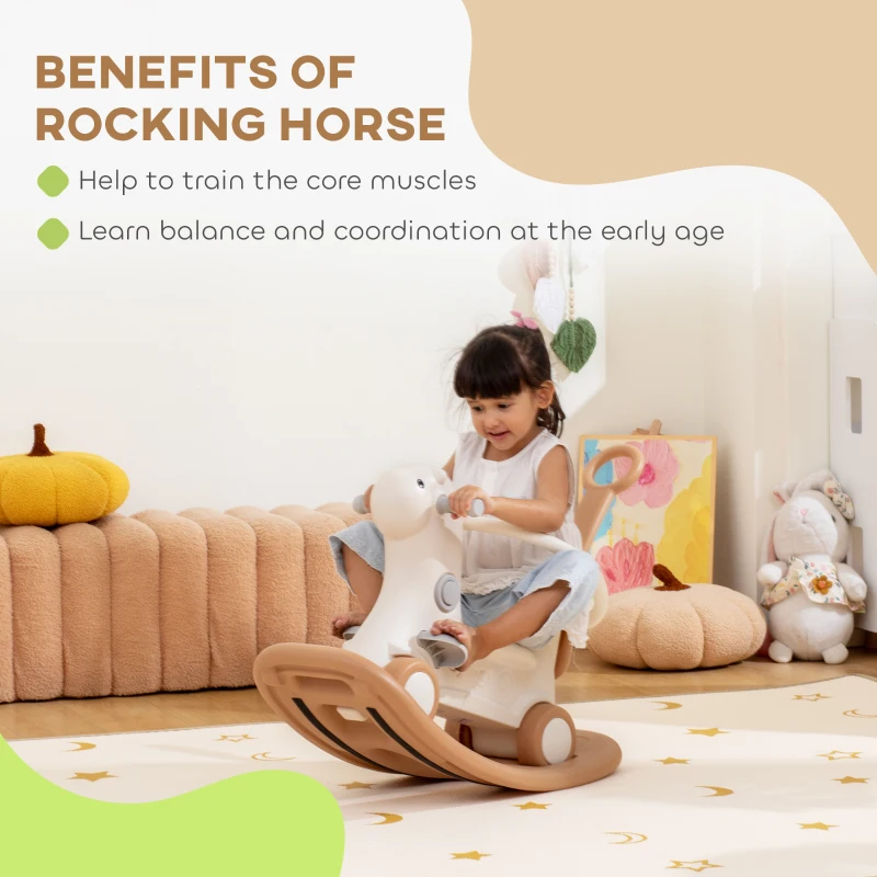 Qaba Rocking Horse for Toddlers 2-5 Years, 4-in-1 Baby Rocking Horse with Detachable Balance Board and Push Handle, Brown