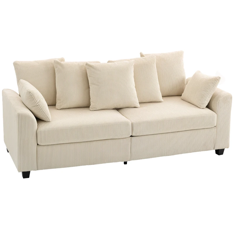 HOMCOM Corduroy Couch, 3 Seater Sofa, Modern Upholstered Couch with Curved Armrests and 8 Removable Pillows, Beige