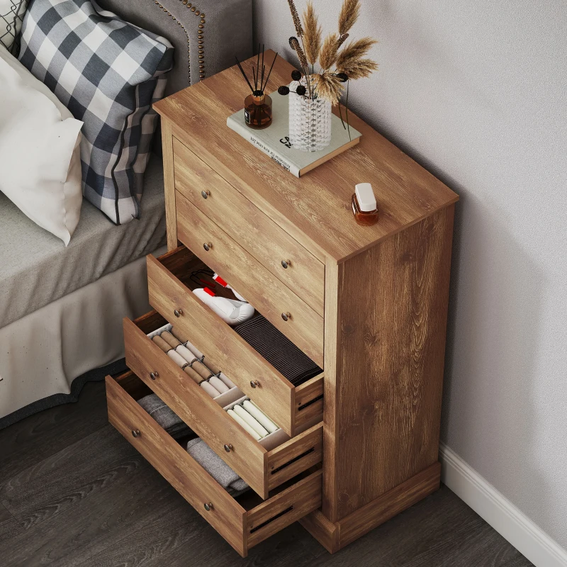HOMCOM 31" Wide Farmhouse Chest of Drawers with 5 Drawers, Dresser for Bedroom with Wood Top for Living Room, Brown