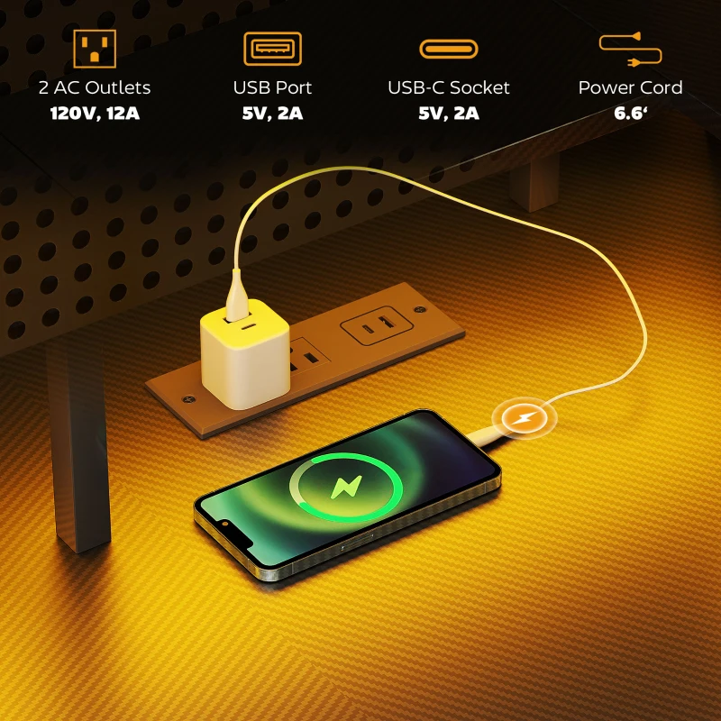 HOMCOM 59" L Shaped Desk with Storage, Corner Desk with LED Lights and Power Outlets for Home Office, Small Space, Black