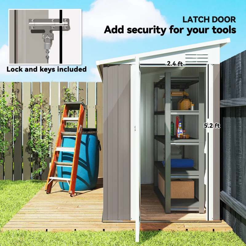 Outsunny 4' x 8' Lean to Garden Storage Shed, Outdoor Metal Tool House with Lockable Door Vents for Backyard Patio Lawn, Light Gray