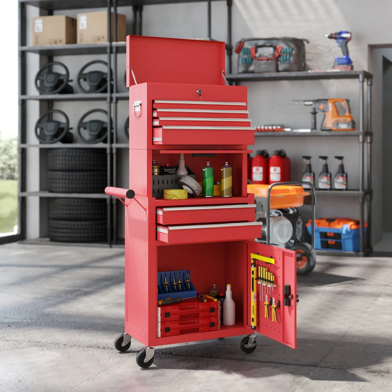 HOMCOM Large Tool Cabinet, 3-in-1 Rolling Tool Chest, Detachable Tool Storage Organizer with 6 Drawers and Pegboard, Red