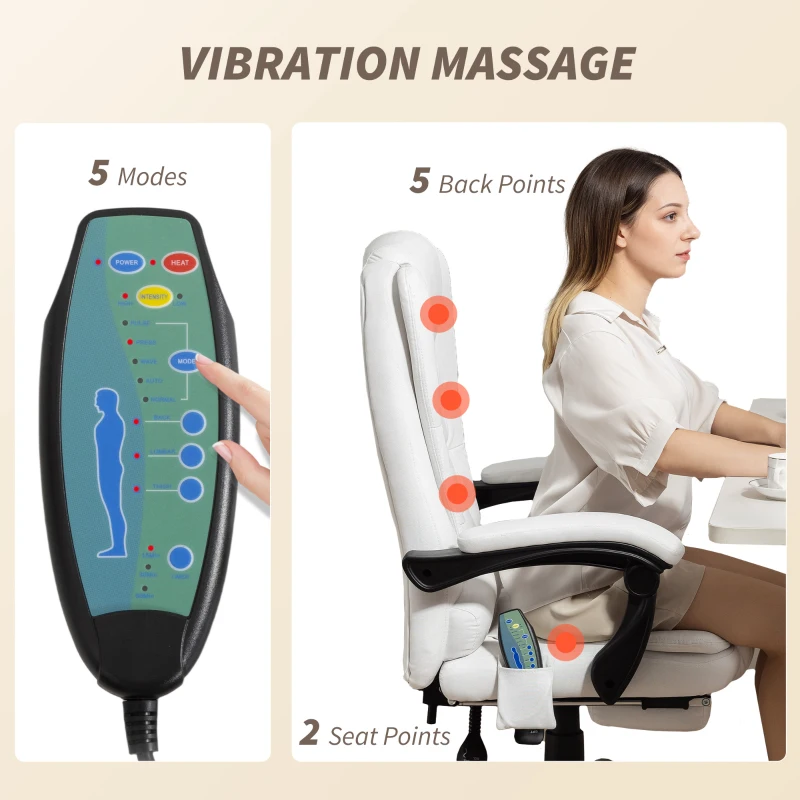 Vinsetto 7-Point Vibrating Massage Chair, Reclining Office Chair with Footrest, Reclining Back, Adjustable Height, White