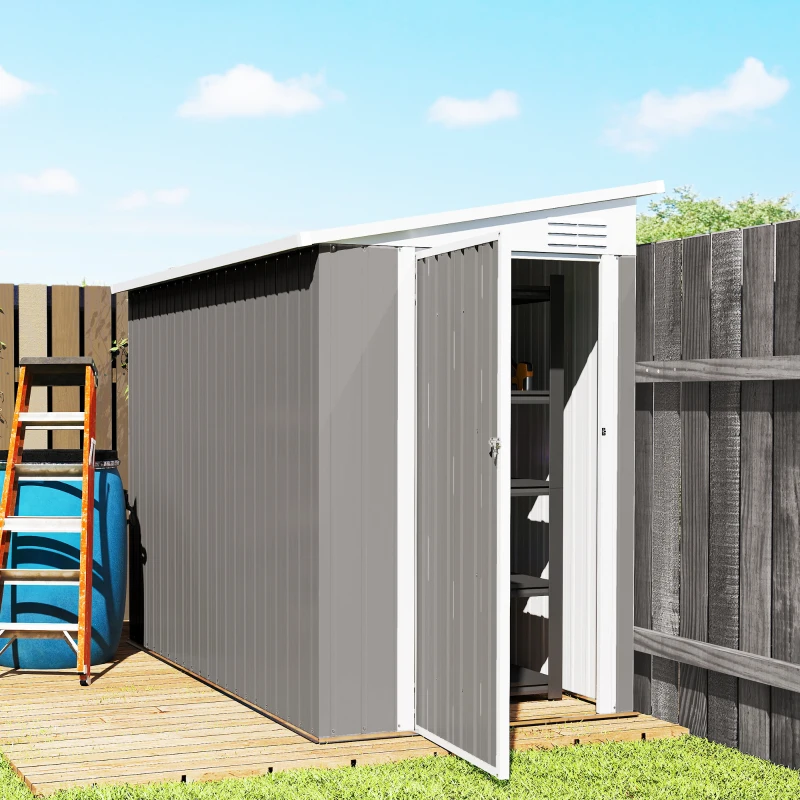 Outsunny 4' x 8' Lean to Garden Storage Shed, Outdoor Metal Tool House with Lockable Door Vents for Backyard Patio Lawn, Light Gray