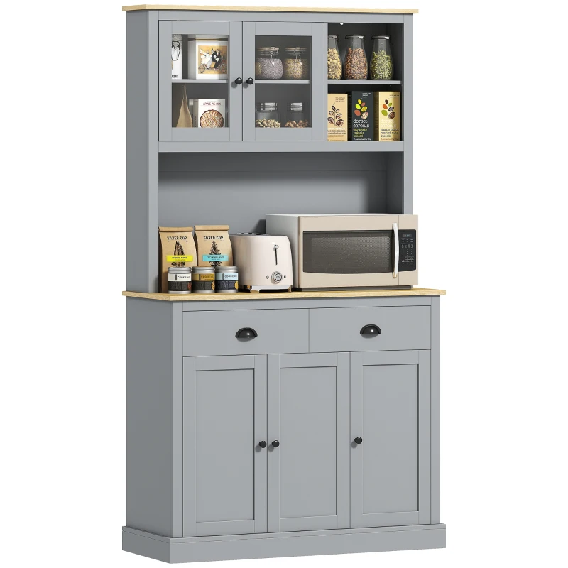 HOMCOM Freestanding Kitchen Cabinet, 71" Tall Pantry Cabinet, Modern Hutch with Wide Countertop, Adjustable Shelves, Gray