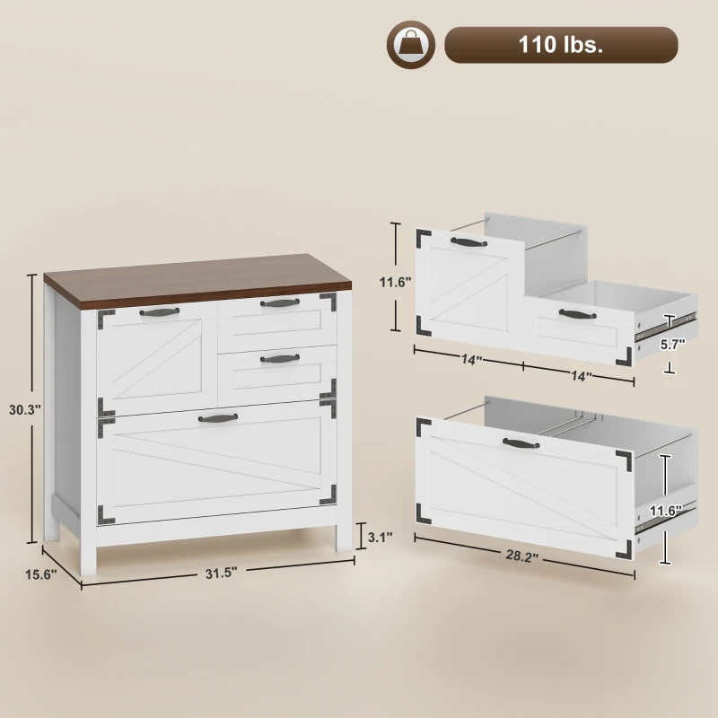 HOMCOM Lateral Filing Cabinet, Farmhouse File Cabinet with 4 Drawers, Fit Letter/A4/Legal Hanging Files, White