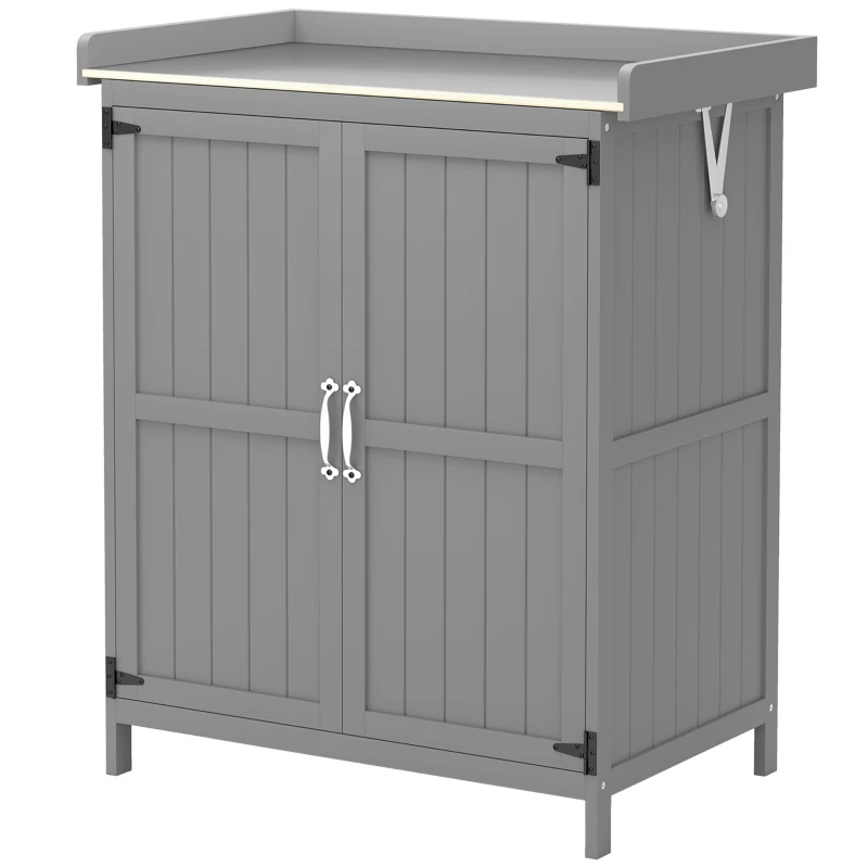 Outsunny Outdoor Storage Cabinet, Garden Tool Shed with Metal Tabletop and Shelf, Wooden Potting Bench with 2 Doors, Gray