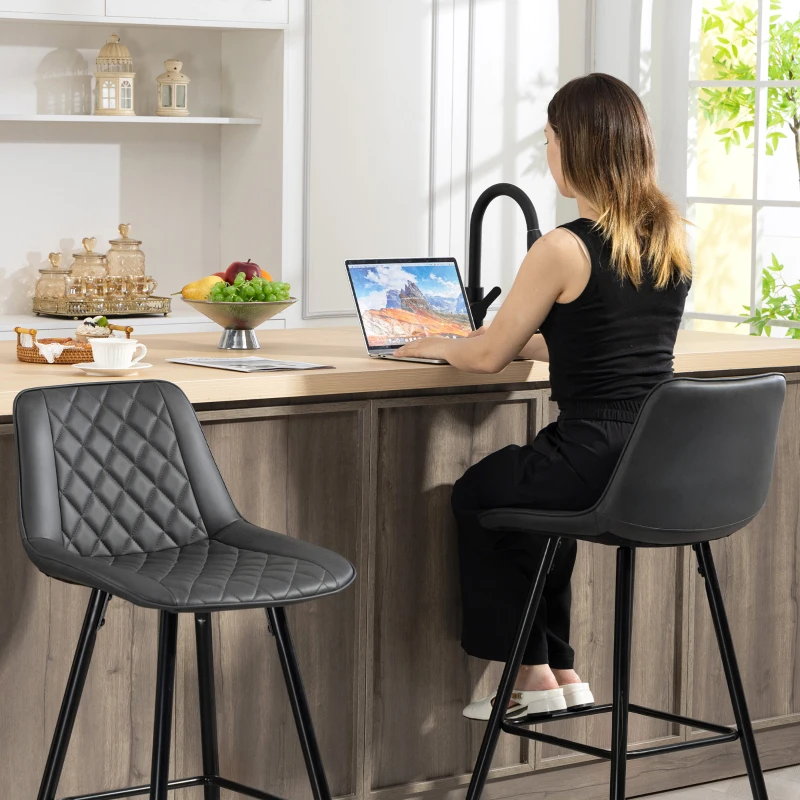 HOMCOM PU Leather Counter Height Bar Chairs Set of 2, 27.75" Bar Stools with Metal Legs for Dining Area, Kitchen Island, Black