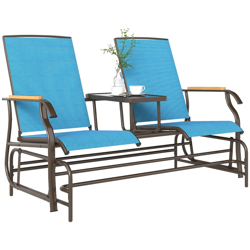 Outsunny Outdoor 2-Person Glider Bench, Outside Glider Swing Chair Loveseat with Table, Steel Frame, Blue