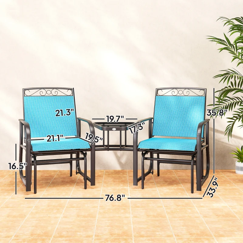 Outsunny Outdoor Glider Chairs with Coffee Table, Patio 2-Seat Rocking Chair Swing with Breathable Sling for Backyard, Blue