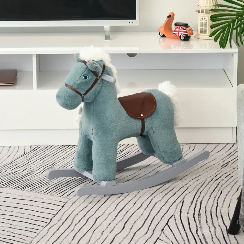 Qaba Kids Rocking Horse Plush Animal on Wooden Rockers with Sounds, Wooden Base and Bear Toy Baby Rocking Chair Blue