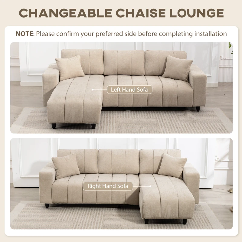 HOMCOM Sectional Couch with Integrated Seat, 3 Seater L-Shaped Sofa with Changeable Chaise, Spring Cushion, 2 Pillows, Beige