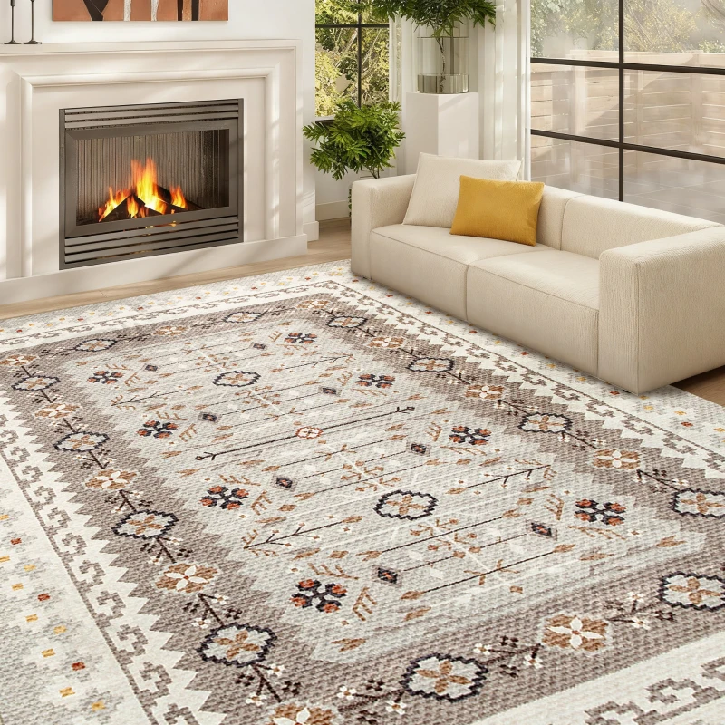 HOMCOM Machine Washable Area Rug 8x10, Non-Slip Boho Flannel Print Floor Carpet for Living Room, Bedroom, Dining Room, Brown