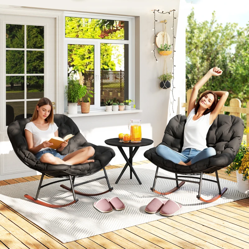 Outsunny Outdoor Rocking Chair Patio Set of 2, Oversized Rocking Papasan Chairs with Cushions for Garden Porch, 265 lbs., Black