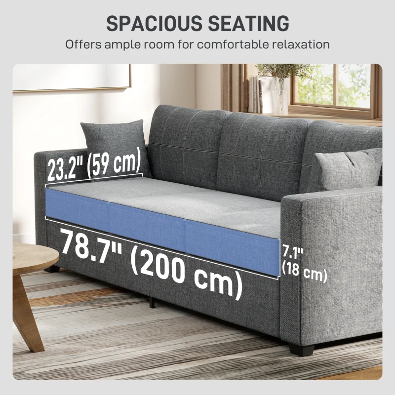 HOMCOM Modern Upholstered Couch, 3 Seater Sofa with Thick Spring Cushions and Deep Seat for Living Room, Dark Grey