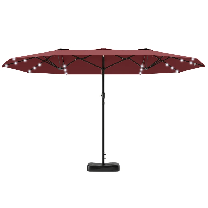 Outsunny Garden Parasol 14.4ft Double-Sided Sun Umbrella with Base, Patio Parasol with LED Solar Lights, Wine Red