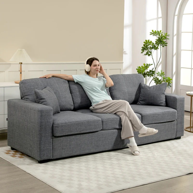 HOMCOM Modern Upholstered Couch, 3 Seater Sofa with Thick Spring Cushions and Deep Seat for Living Room, Dark Grey