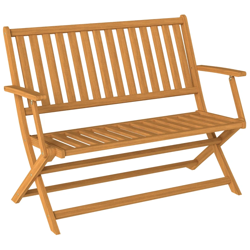 Outsunny 2-Person Foldable Wood Outdoor Bench with Backrest and Armrests for Garden, Porch, Park, Balcony, Teak