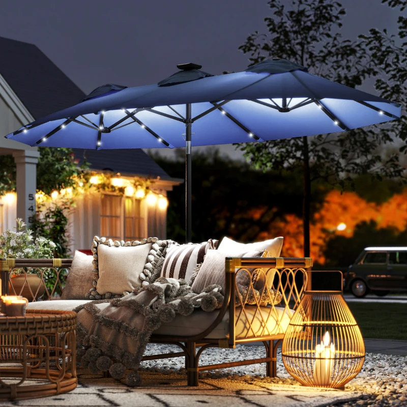 Outsunny Double-sided Patio Umbrella, 9.7' Outdoor Umbrella with Tilt and Crank, LED Solar Light and 12 Ribs, Navy Blue