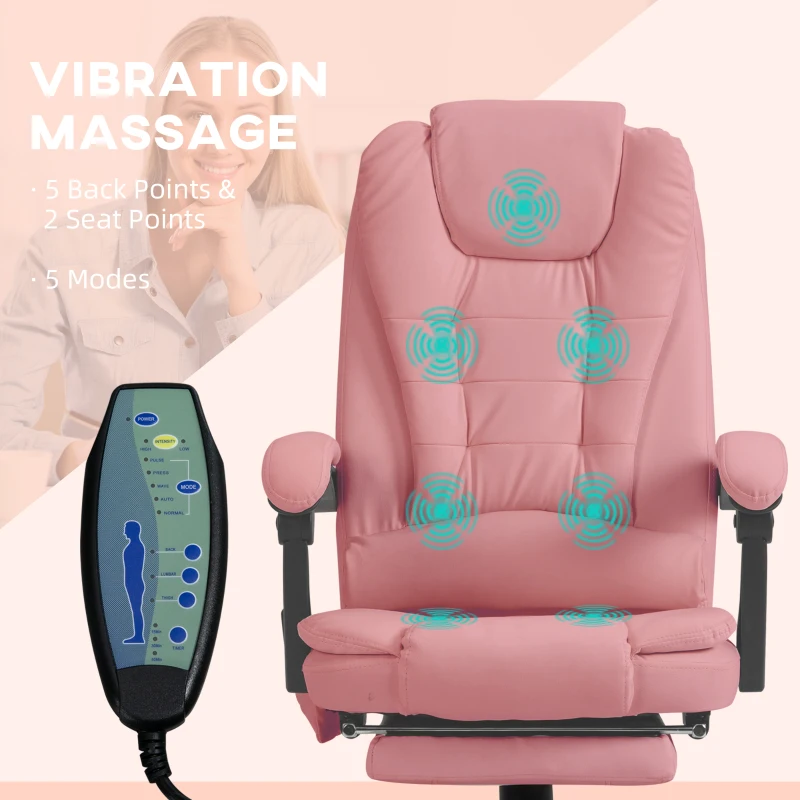 Vinsetto 7-Point Vibrating Massage Chair, Reclining Office Chair with Footrest, Reclining Back, Adjustable Height, Pink